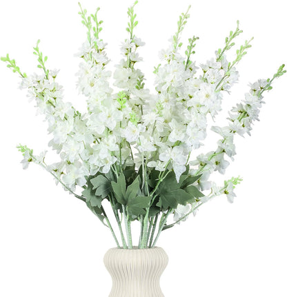 Thiccywoov 24 Pcs Delphinium Artificial Flower 35.4'' Long Larkspur Stem Silk Fake Faux Flowers Bulk for Tall Vase Floral Arrangements Home Centerpiece Table Wedding Decor (White)