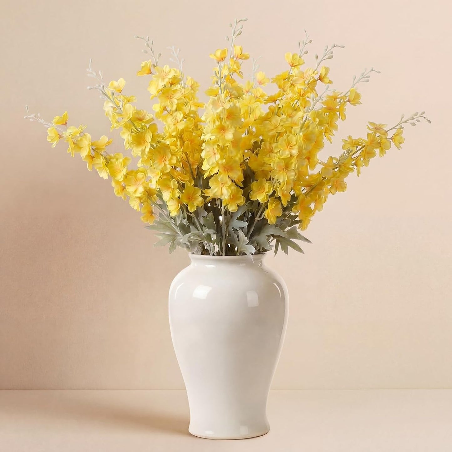 Thiccywoov 24 Pcs Delphinium Artificial Flower 35.4'' Long Larkspur Stem Silk Fake Faux Flowers Bulk for Tall Vase Floral Arrangements Home Centerpiece Table Wedding Decor (White)