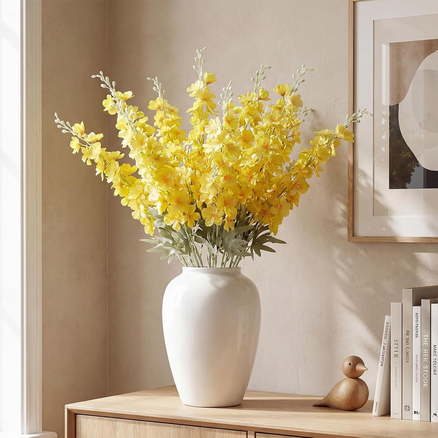 Thiccywoov 24 Pcs Delphinium Artificial Flower 35.4'' Long Larkspur Stem Silk Fake Faux Flowers Bulk for Tall Vase Floral Arrangements Home Centerpiece Table Wedding Decor (White)