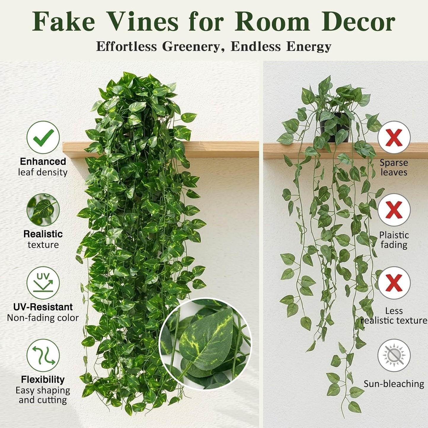 Fake Ivy Vines for Room Decor 12pcs Fake Ivy Greenery Garland Wall Decor (Pothos)