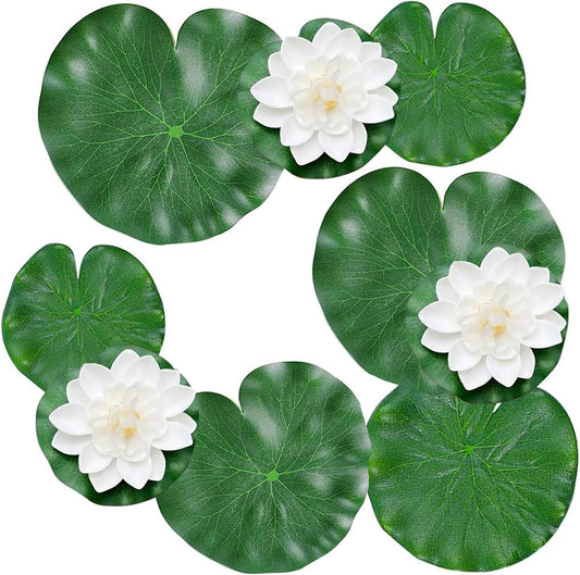 9pcs Artificial Floating Foam Lotus Flowers with Artificial Lotus Leaves, Lily Pads for Lake, Pond Plants Ornaments for Pool Aquarium Water Decoration, White