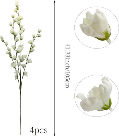 Artificial Forsythia Branches Fake Wildflowers White 41" Silk Flowers with Long Stems Faux Spring Flowers 4PCS for Tall Vase Home Table Wedding Graveyard Kitchen Office Decoration