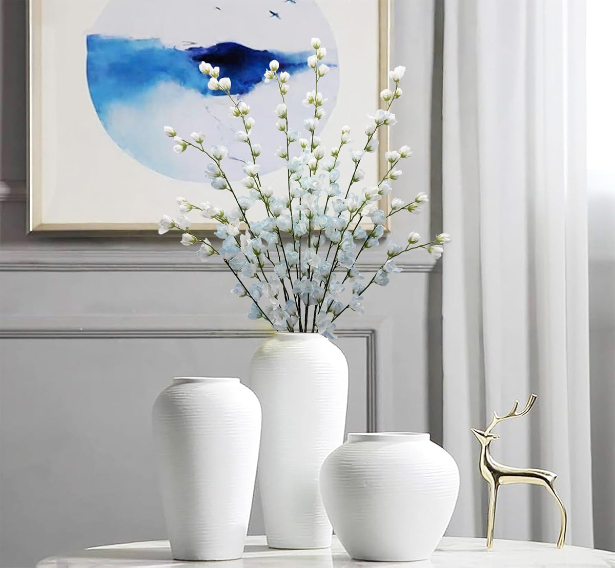 Artificial Forsythia Branches Fake Wildflowers White 41" Silk Flowers with Long Stems Faux Spring Flowers 4PCS for Tall Vase Home Table Wedding Graveyard Kitchen Office Decoration