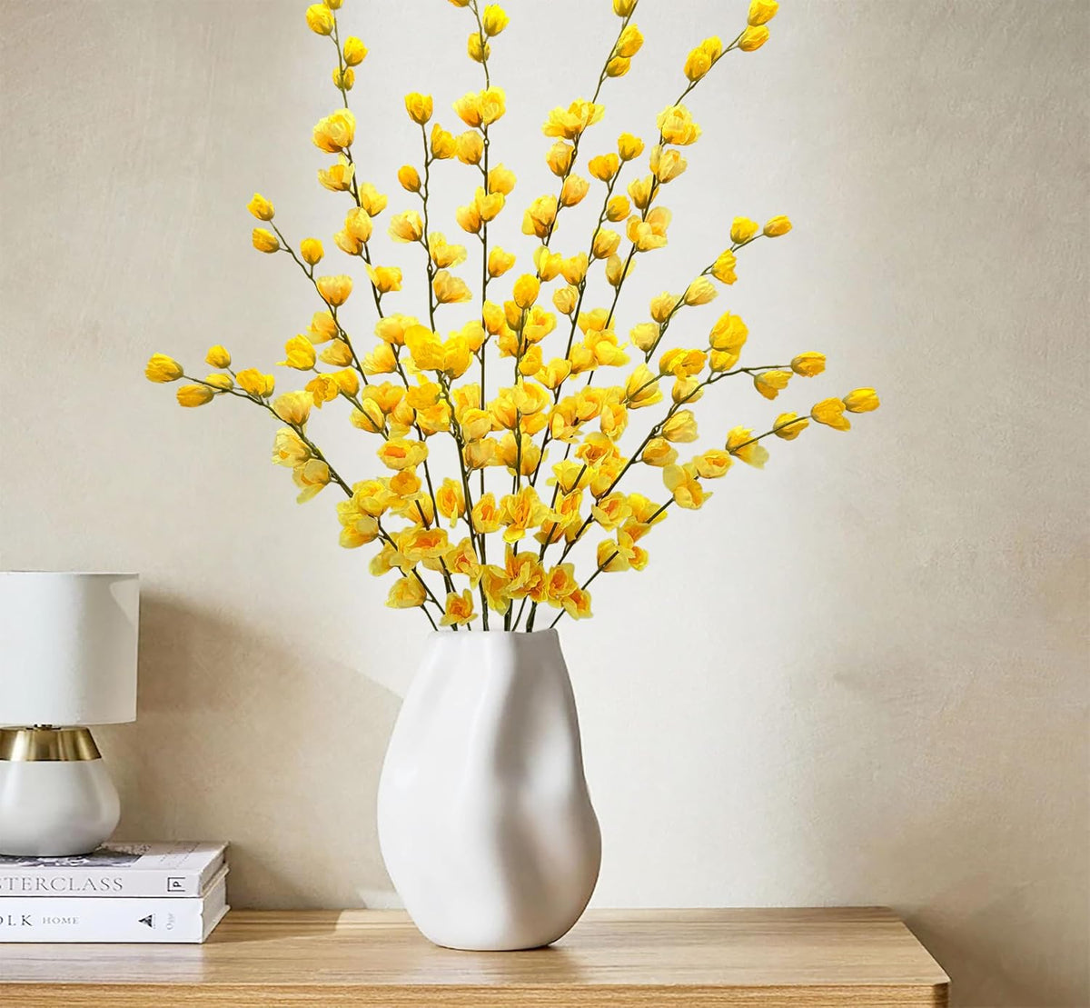 Artificial Forsythia Branches Fake Wildflowers White 41" Silk Flowers with Long Stems Faux Spring Flowers 4PCS for Tall Vase Home Table Wedding Graveyard Kitchen Office Decoration