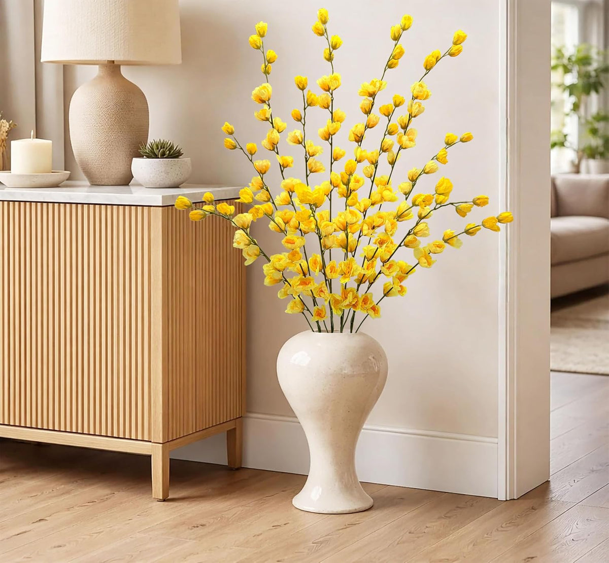 Artificial Forsythia Branches Fake Wildflowers White 41" Silk Flowers with Long Stems Faux Spring Flowers 4PCS for Tall Vase Home Table Wedding Graveyard Kitchen Office Decoration