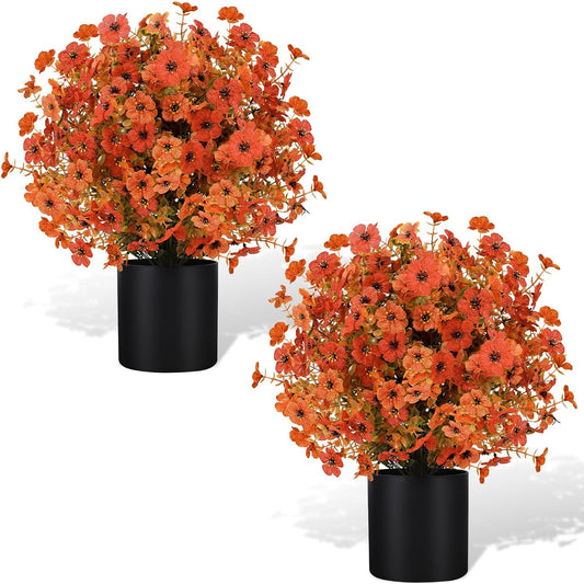 Artificial Fall Flowers in Pot, 2 Pack | UV Resistant | Fake Mums Bushes Floral Plants 24” for Outdoor Decor | Autumn Decorations for Front Porch Garden Yard Patio (Orange-Mix Flower)