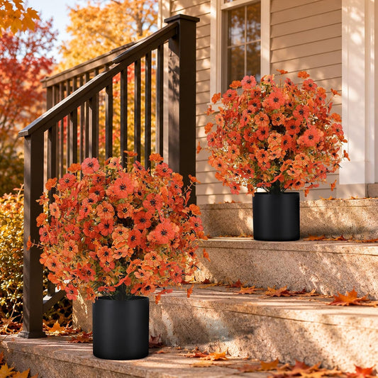 Artificial Fall Flowers in Pot, 2 Pack | UV Resistant | Fake Mums Bushes Floral Plants 24” for Outdoor Decor | Autumn Decorations for Front Porch Garden Yard Patio (Orange-Mix Flower)