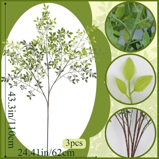 3 Pcs Faux Greenery Stems for Vase 43.3 inch Artificial Branches with Leaves Nandina Fake Plants Spring Stems for Vase Home Shop Garden Decoration