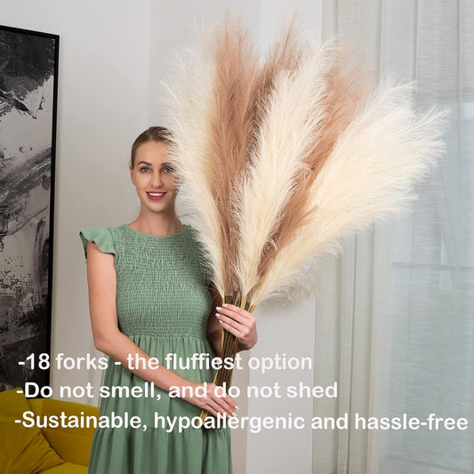 Faux Pampas Grass Decor, 6 Stems Artificial Pampas Grass - 43 inch Tall Pompass Grass Large Pompous Boho Flower Arrangement Home Decor for Room Wedding Party