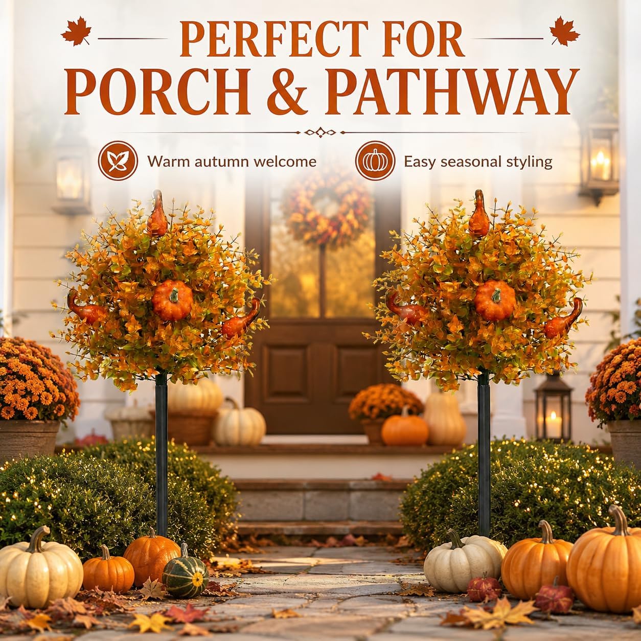 2 Pack Fall Pumpkin Topiary Trees with Stakes, 22 Inch (Orange) | Artificial pumpkin topiary stakes with orange eucalyptus leaves for porch, pathway, garden, Halloween and Thanksgiving decor