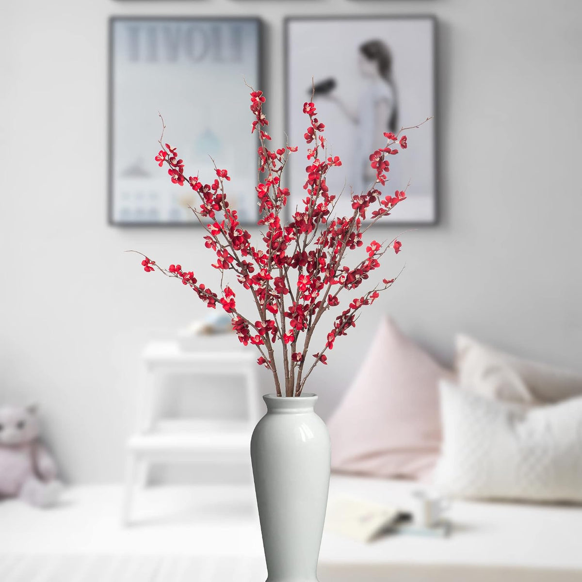4Pcs Cherry Blossom Branches Artificial Flowers for Spring Summer Indoor Decoration,Faux Long Stem Artificial Flowers for Wedding Home Office Bedroom Party Table Centerpieces Decor (Pink)