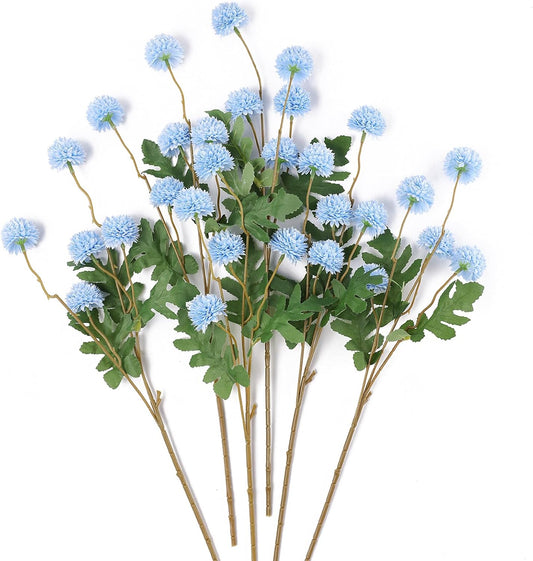 6Pcs Blue Fake Silk Pompon Mum Artificial Flowers Bulk Small Faux Chrysanthemums with Stems Realistic Floral Decorations for Wedding DIY Bouquet Centerpieces Shower Vase Home Decor (Light Blue)