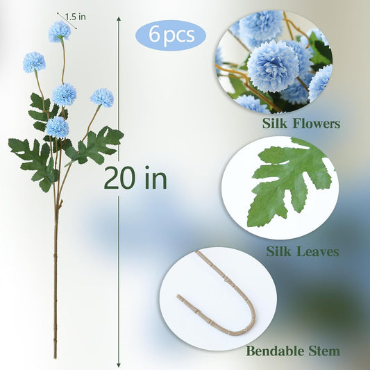 6Pcs Blue Fake Silk Pompon Mum Artificial Flowers Bulk Small Faux Chrysanthemums with Stems Realistic Floral Decorations for Wedding DIY Bouquet Centerpieces Shower Vase Home Decor (Light Blue)