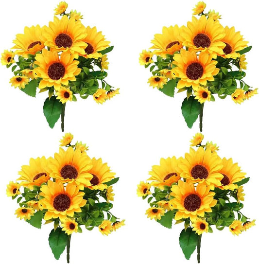 4 Bunches Artificial Sunflower Bouquet, Fake Silk Sunflower Flowers, Realistic Silk Sunflowers for Home Hotel DIY Craft Wedding Party Decoration Indoor and Outdoor Decor, XRK-4