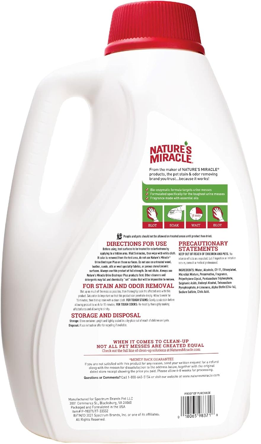 Urine Destroyer Plus for Dogs, Enzymatic Formula Tough on Strong Dog Urine and The Yellow Sticky Residue, 1 Gal