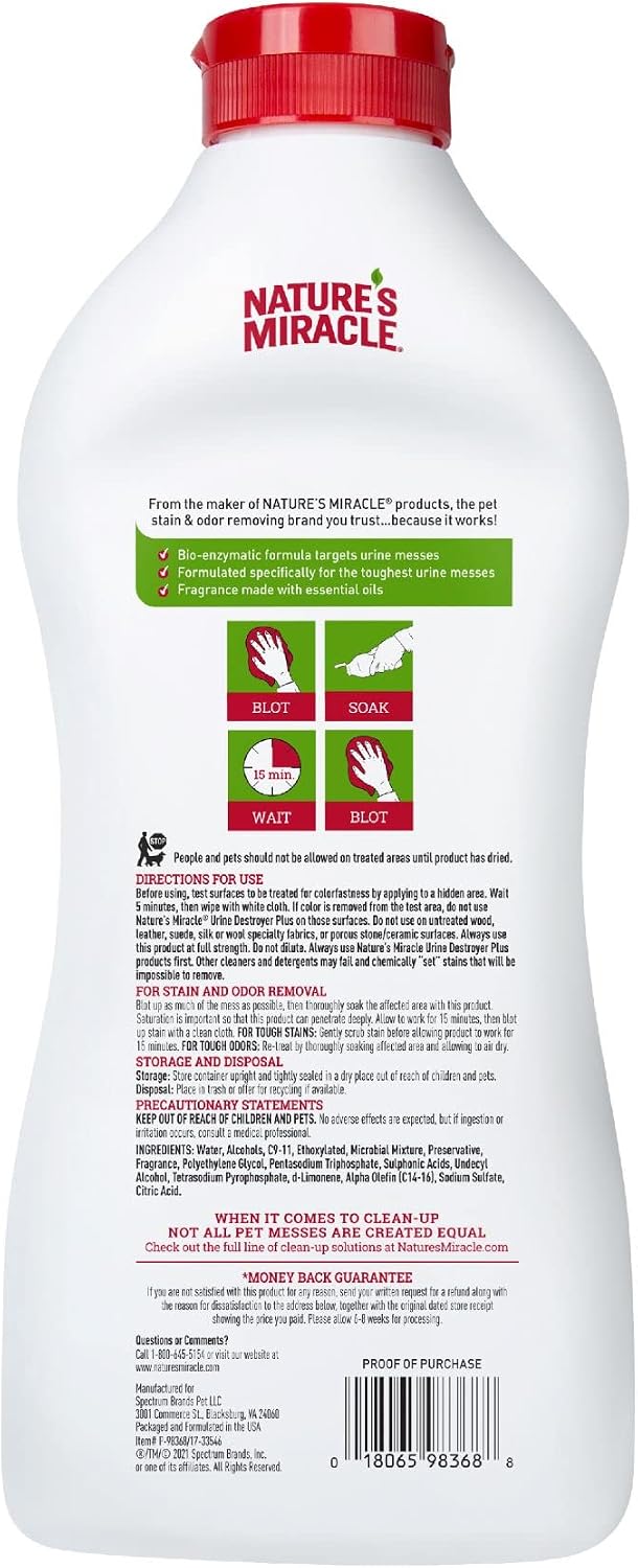 Urine Destroyer Plus for Dogs, Enzymatic Formula Tough on Strong Dog Urine and The Yellow Sticky Residue, 1 Gal