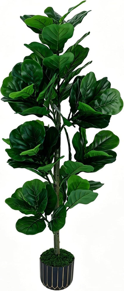 4FT Artificial Fiddle Leaf Fig Tree, Premium Fake Ficus Lyrata Plant in Decorative Black Planter for Indoor Home Office Decor, Housewarming Gift