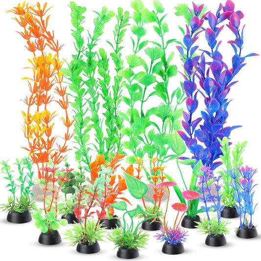 Aquarium Plants 16P, Plastic Fish Tank Plants, Different Types Artificial Decor Aquarium Artificial Plastic Plants, Turtle Goldfish Betta Fish Tank Decor Set, Fish Decor for Tank (Colorful)