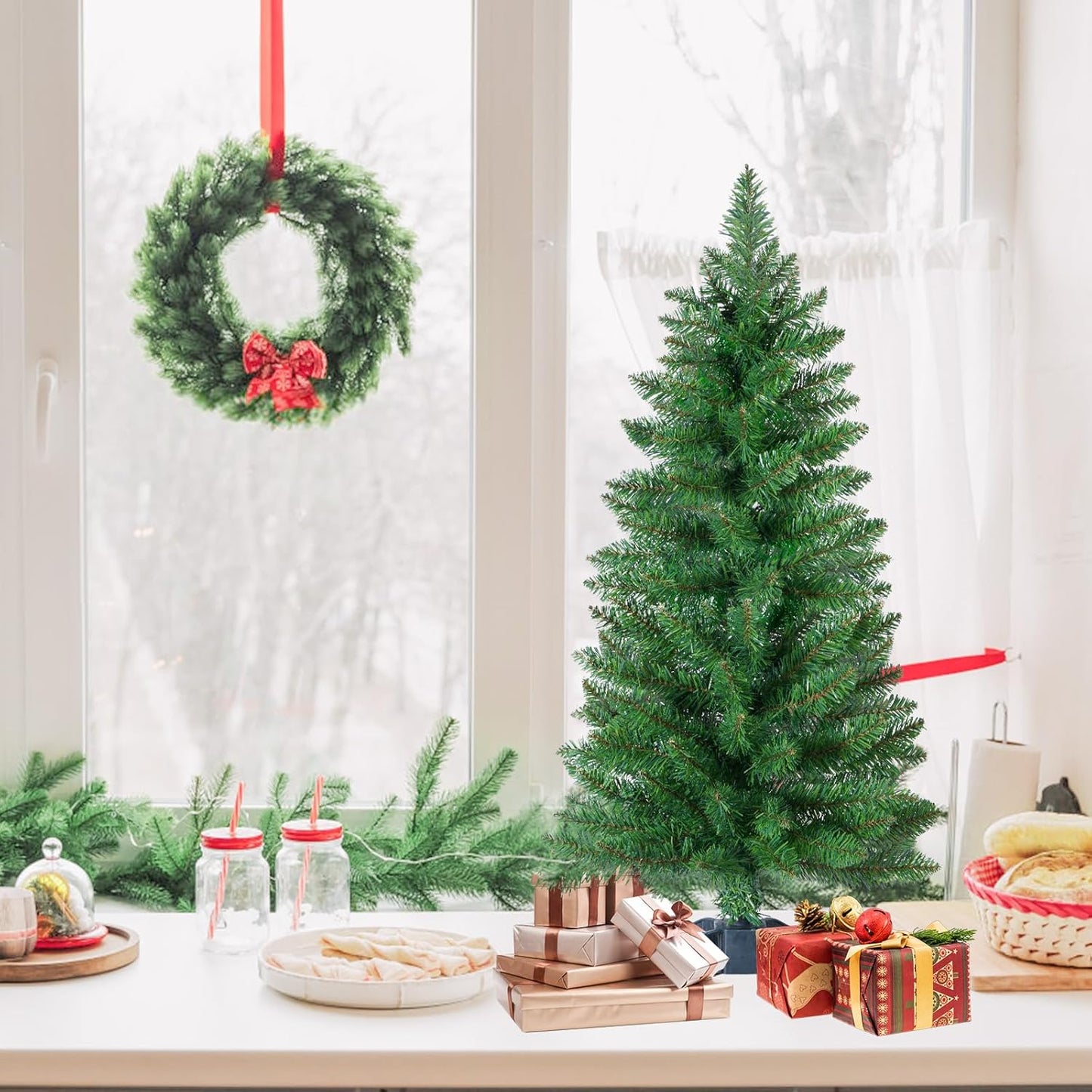 3ft Artificial Christmas Tree, Mini Xmas Pine Tree with 4-Leg Stable Plastic Base, Small Tabletop Christmas Tree for Home Office Holiday Party Indoor Decoration(Green)