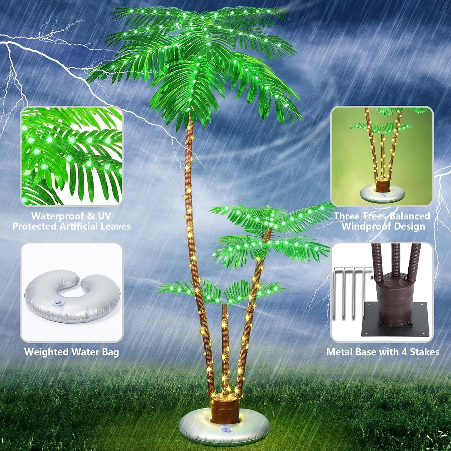 6ft Lighted Palm Tree LED Artificial Tropical Indoor/Outdoor | Metal trunk with nylon rope, heavy-duty base. 8 lighting modes, IP65 waterproof, Perfect for patio, pool, tiki bar, Christmas