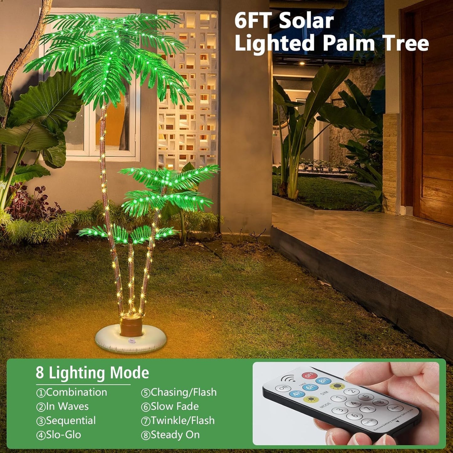 6ft Lighted Palm Tree LED Artificial Tropical Indoor/Outdoor | Metal trunk with nylon rope, heavy-duty base. 8 lighting modes, IP65 waterproof, Perfect for patio, pool, tiki bar, Christmas