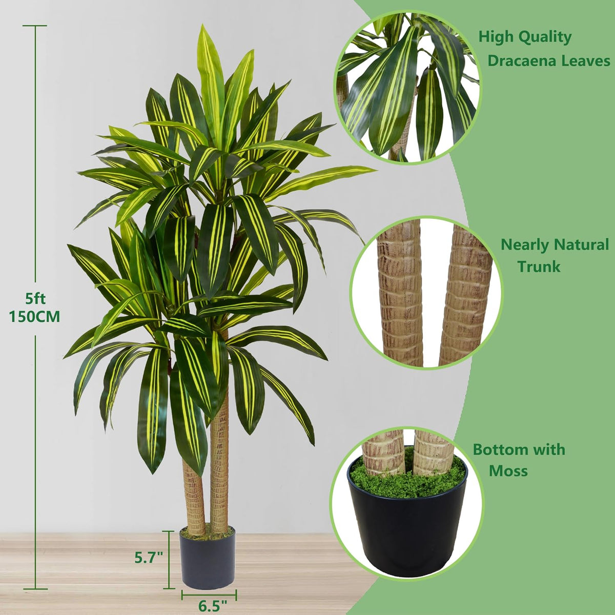 Fake Dracaena Tree 5ft Tall Artificial Plant with Woven Basket