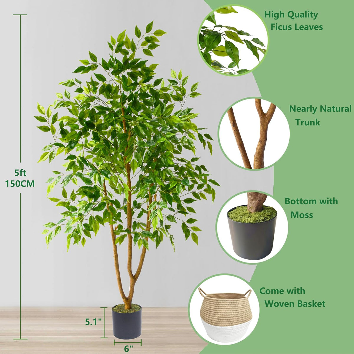 Fake Dracaena Tree 5ft Tall Artificial Plant with Woven Basket