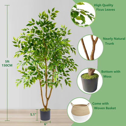 Fake Dracaena Tree 5ft Tall Artificial Plant with Woven Basket