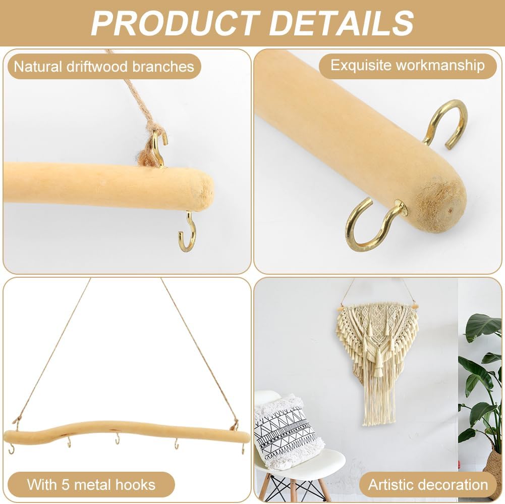 2Pcs 15 Inch Driftwood for Crafts Natural Driftwood Decorative Branches, Home Wall Hanging Decor Jewelry Organizers with 5 Hooks, Handcrafted from Natural Drift Wood for Keys Hats Entryway