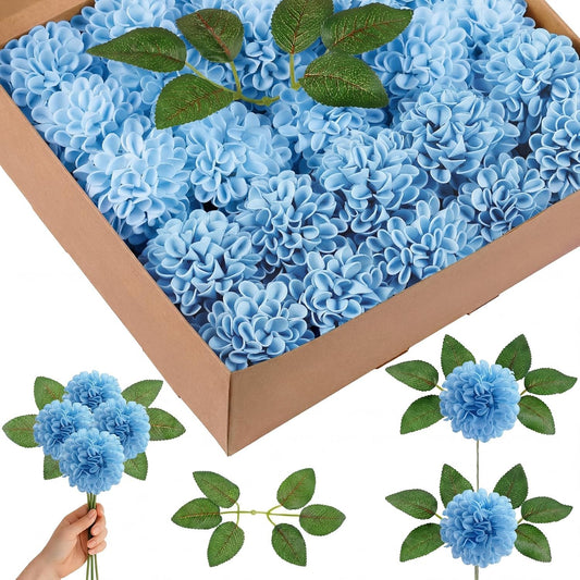 50 Pcs Blue Artificial Dahlia Flowers, 3.15 Inches