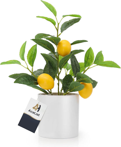 Faux Lemon Tree for Kitchen Decor, 14.6 Inch Fake Lemon Citrus Tree with White Pot, Artificial Plant Indoor for Home Office Desk