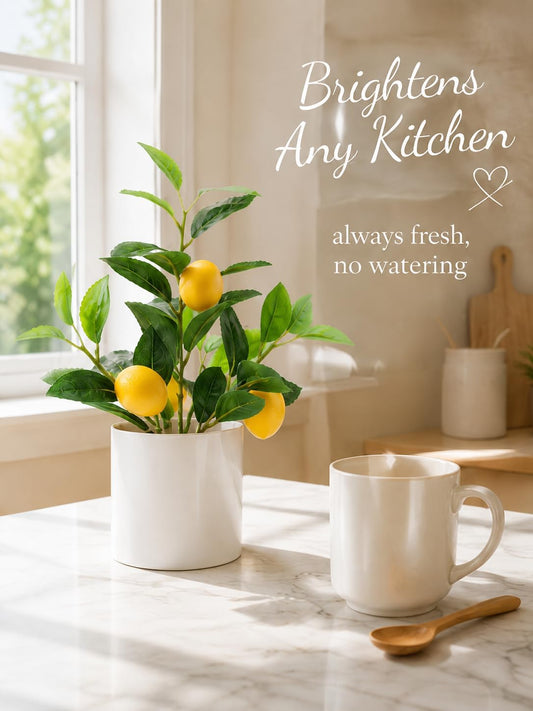 Faux Lemon Tree for Kitchen Decor, 14.6 Inch Fake Lemon Citrus Tree with White Pot, Artificial Plant Indoor for Home Office Desk