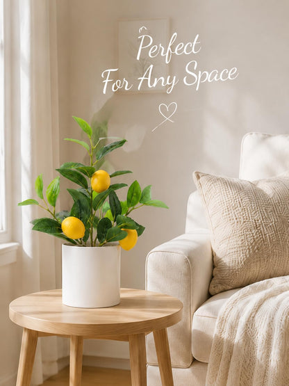 Faux Lemon Tree for Kitchen Decor, 14.6 Inch Fake Lemon Citrus Tree with White Pot, Artificial Plant Indoor for Home Office Desk