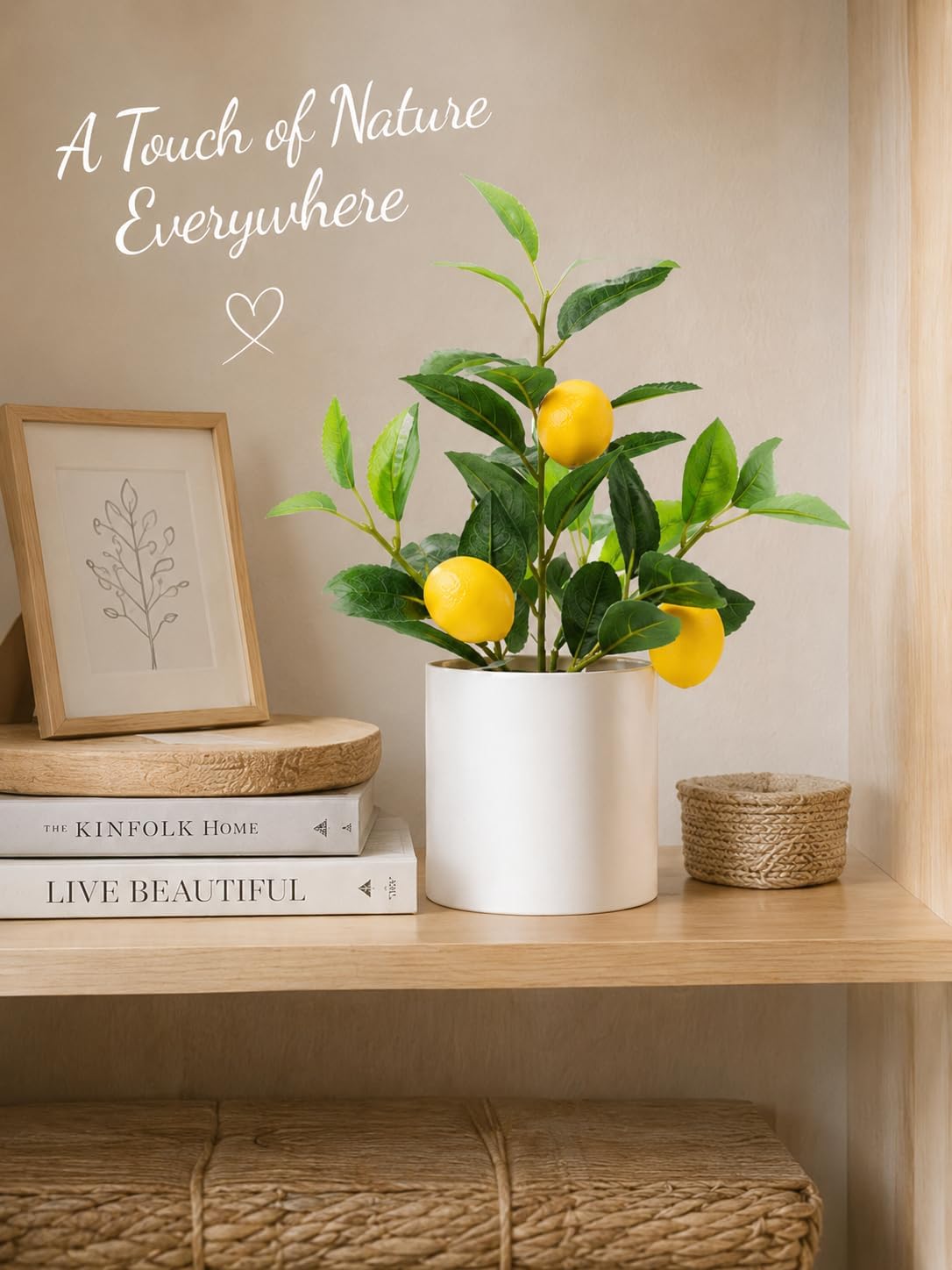 Faux Lemon Tree for Kitchen Decor, 14.6 Inch Fake Lemon Citrus Tree with White Pot, Artificial Plant Indoor for Home Office Desk