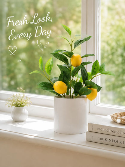 Faux Lemon Tree for Kitchen Decor, 14.6 Inch Fake Lemon Citrus Tree with White Pot, Artificial Plant Indoor for Home Office Desk