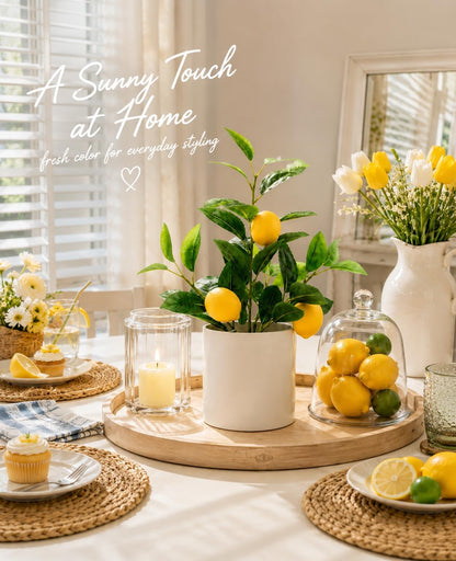 Faux Lemon Tree for Kitchen Decor, 14.6 Inch Fake Lemon Citrus Tree with White Pot, Artificial Plant Indoor for Home Office Desk