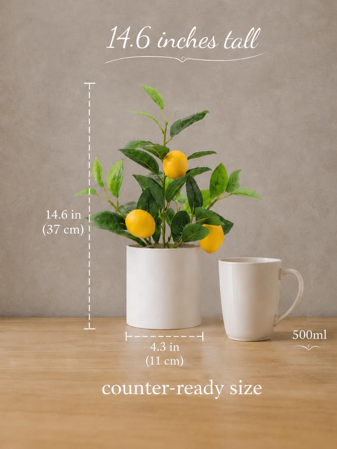 Faux Lemon Tree for Kitchen Decor, 14.6 Inch Fake Lemon Citrus Tree with White Pot, Artificial Plant Indoor for Home Office Desk