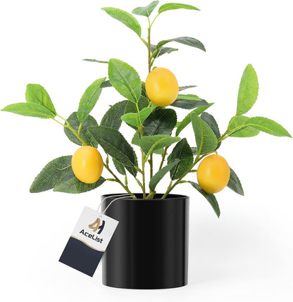 Faux Lemon Tree for Kitchen Decor, 14.6 Inch Fake Lemon Citrus Tree with White Pot, Artificial Plant Indoor for Home Office Desk