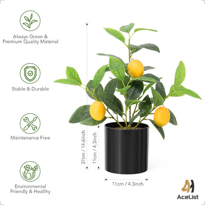 Faux Lemon Tree for Kitchen Decor, 14.6 Inch Fake Lemon Citrus Tree with White Pot, Artificial Plant Indoor for Home Office Desk