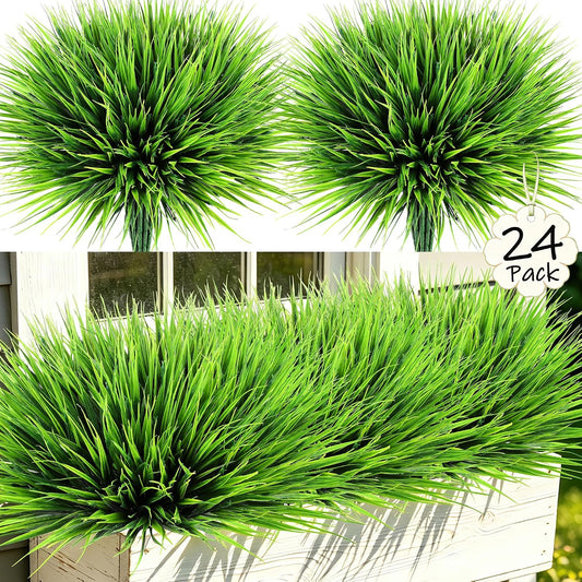 24 Bundles Faux Outdoor Plants, UV Resistant Artificial Fake Lavender Flowers with Monkey Grass for Outdoors, Realistic Faux Lavender Greenery Shrubs for Porch Yard Garden Window Box Home Decor