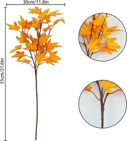 4Pcs Artificial Maple Leaves Branches 21.6in Fake Fall Leaves Stems Plants Outdoor Greenery for Home Kitchen Farmhouse Thanksgiving Table Centerpiece Fireplace Halloween Décor Orange