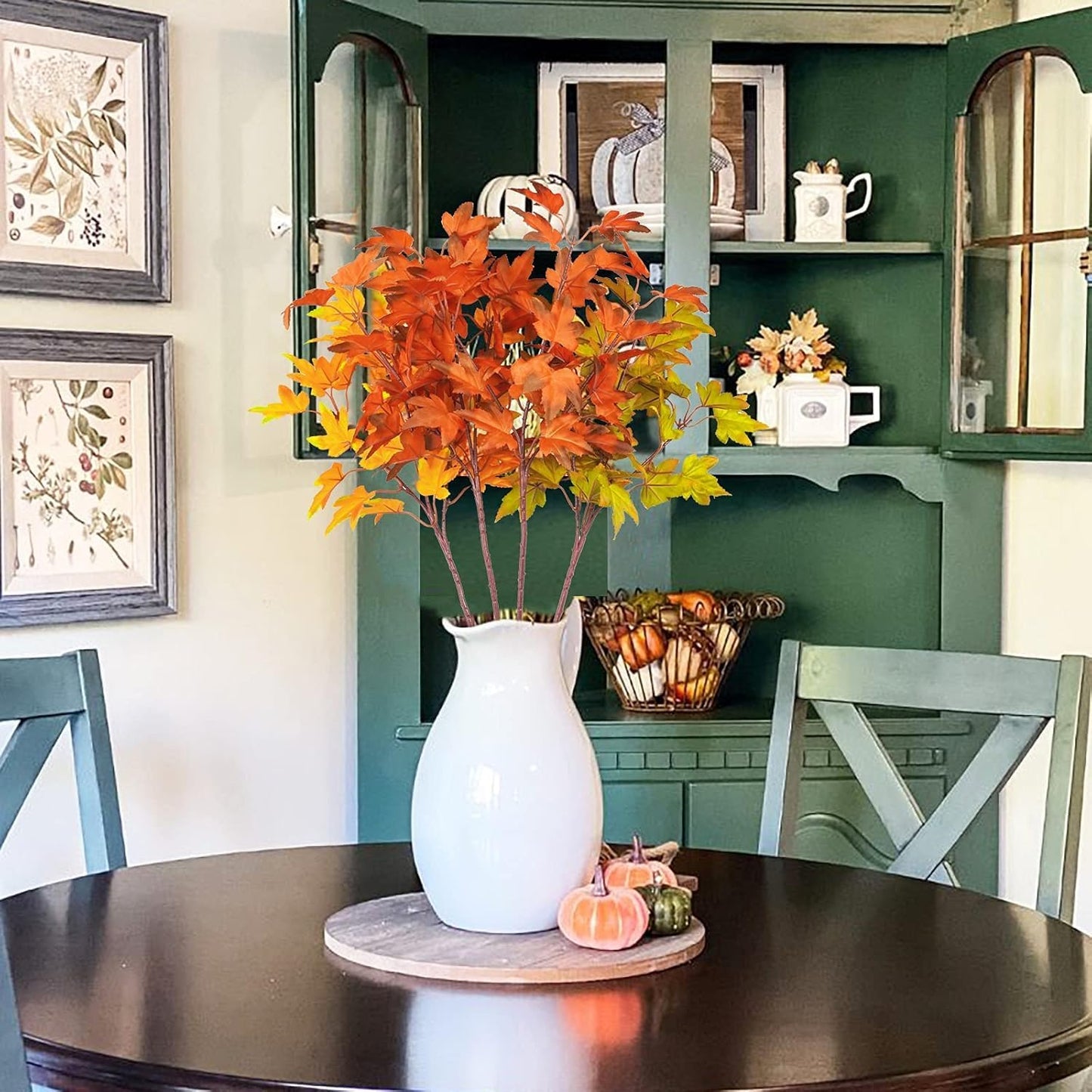 4Pcs Artificial Maple Leaves Branches 21.6in Fake Fall Leaves Stems Plants Outdoor Greenery for Home Kitchen Farmhouse Thanksgiving Table Centerpiece Fireplace Halloween Décor Orange