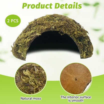 Hamster Hideout Natural Mossy Cave Hamster Houses and Hideouts Moss Covered Coconut Enclosed Hiding Hut for Mice Habitat Hamster Cage Accessories for Dwarf Gerbil Syrian Fancy Mouse