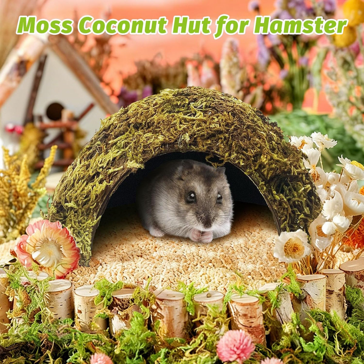 Hamster Hideout Natural Mossy Cave Hamster Houses and Hideouts Moss Covered Coconut Enclosed Hiding Hut for Mice Habitat Hamster Cage Accessories for Dwarf Gerbil Syrian Fancy Mouse