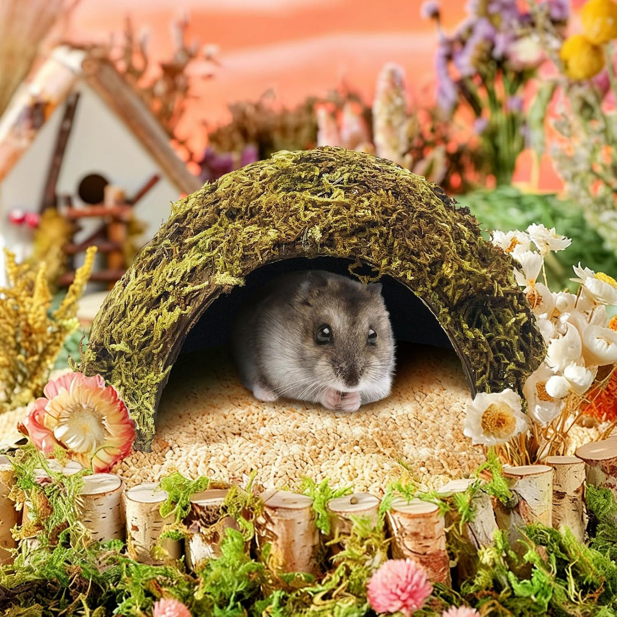 Hamster Hideout Natural Mossy Cave Hamster Houses and Hideouts Moss Covered Coconut Enclosed Hiding Hut for Mice Habitat Hamster Cage Accessories for Dwarf Gerbil Syrian Fancy Mouse