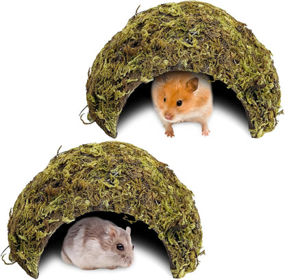 Hamster Hideout Natural Mossy Cave Hamster Houses and Hideouts Moss Covered Coconut Enclosed Hiding Hut for Mice Habitat Hamster Cage Accessories for Dwarf Gerbil Syrian Fancy Mouse