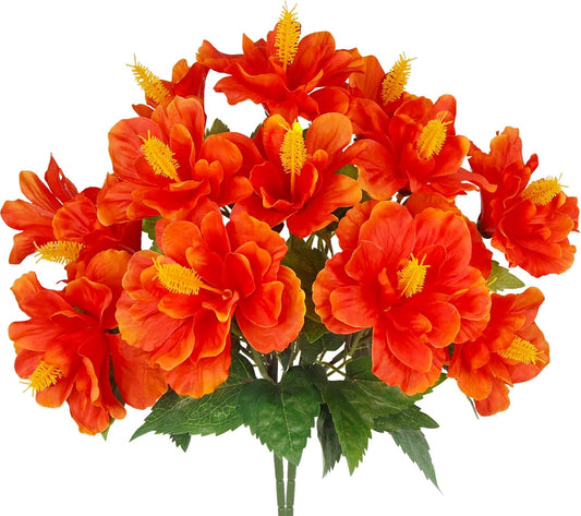 2 Pcs Fall Artificial Outdoor Flowers Realistic Silk Fake Hibiscus Tropical Flowers Fall Decoration UV Resistant Faux Plants for Outdoors Planters Outside Porch Patio Yard Garden Orange-Red