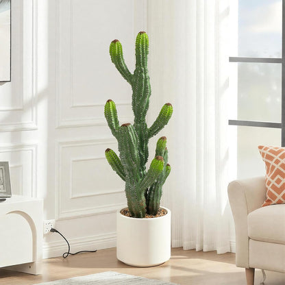 32” Artificial Cactus Plants, Tall Artificial Plants Outdoor, Tall Fake Cacti Plant UV-Resistant in White Pot, Faux Floor Plants for Indoor Home Office Hotel Bedroom Patio Balcony Garden