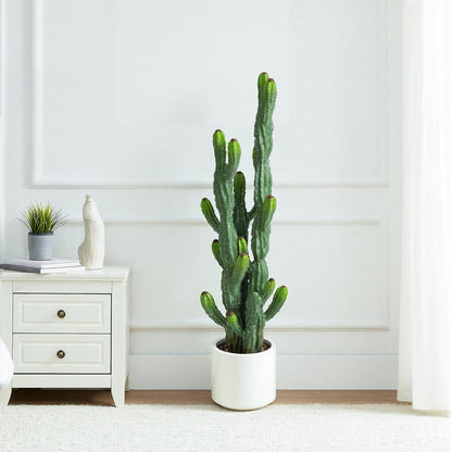 32” Artificial Cactus Plants, Tall Artificial Plants Outdoor, Tall Fake Cacti Plant UV-Resistant in White Pot, Faux Floor Plants for Indoor Home Office Hotel Bedroom Patio Balcony Garden