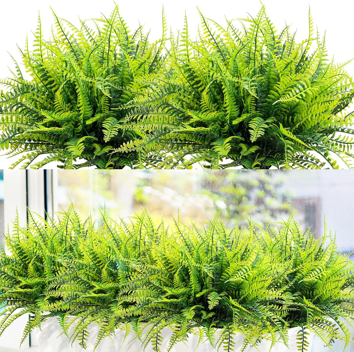 12 Bundles Artificial Boston Ferns Fake Plants Outdoor Greenery Stems Faux Shrubs UV Resistant No Fade Plastic Grass Plants for Garden Front Porch Table Window Box Home Decorations（Green）